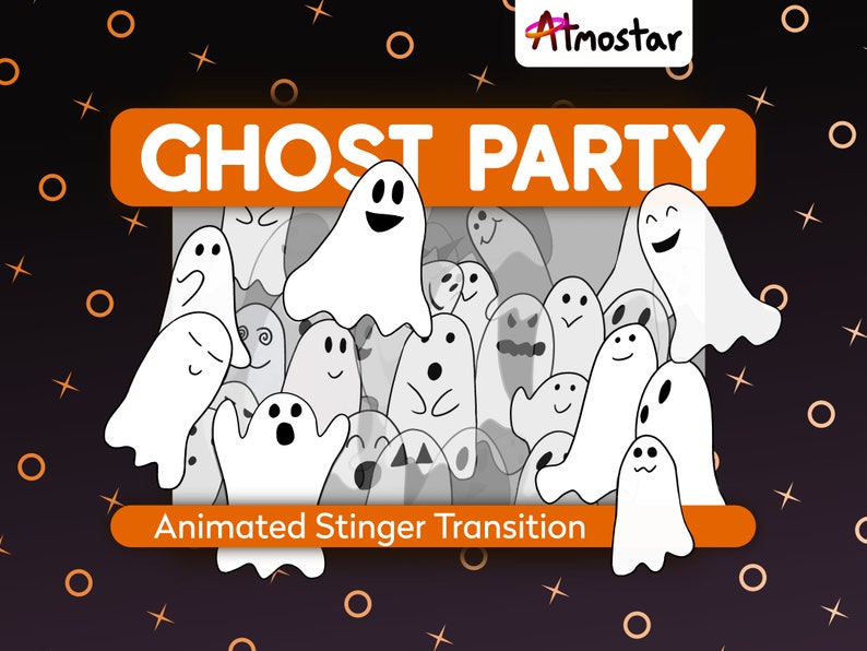 A spooky animated stinger transition for live streams and videos that swarms the screen with a party of cute ghosts, who then fade away to reveal the new scene.