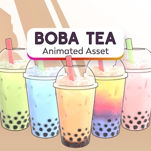 Puede incluir: Ilustración de cinco coloridas bebidas de té boba en vasos de plástico transparente con tapas y pajitas. Las bebidas son en tonos de verde, azul, amarillo, morado y rosa, con perlas de tapioca negras en el fondo. El texto "BOBA TEA Animated Asset" se muestra arriba.