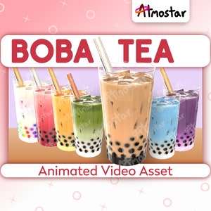 An animated stream asset of a semi realistic clear glass cup filled with boba pears, milk tea, and ice cubes, and finished with a metal straw. The pack comes with more colors of tea, including white and rainbow, purple, blue, green, orange, and red.