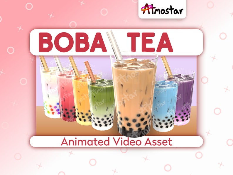 An animated stream asset of a semi realistic clear glass cup filled with boba pears, milk tea, and ice cubes, and finished with a metal straw. The pack comes with more colors of tea, including white and rainbow, purple, blue, green, orange, and red.