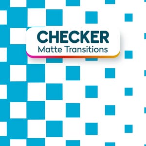 May include: A graphic design featuring a checkerboard pattern in white and light blue squares. The design includes a white rounded rectangle with the text "CHECKER Matte Transitions" in dark blue.