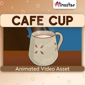 A cozy animated stream asset of a cute coffee cup with soft steam wafting off of the hot cafe drink. The warm mug is a muted light brown color with an abstract flower design in dark brown.