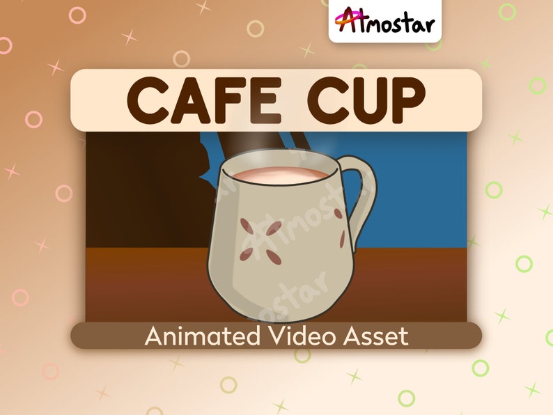 A cozy animated stream asset of a cute coffee cup with soft steam wafting off of the hot cafe drink. The warm mug is a muted light brown color with an abstract flower design in dark brown.