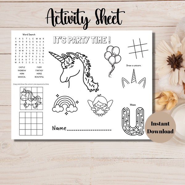 Unicorn Birthday Party Activity Sheet, Unicorn Printable, Afro Unicorn Birthday Party, Printable Placemat Activity