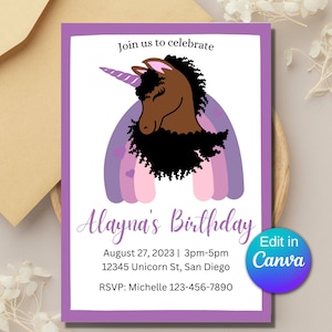 Unicorn Birthday Party Invitation, Afro Unicorn, Invitation, Boho Rainbow, Editable Unicorn Invite, Black Unicorn, Girls Party Invitation
