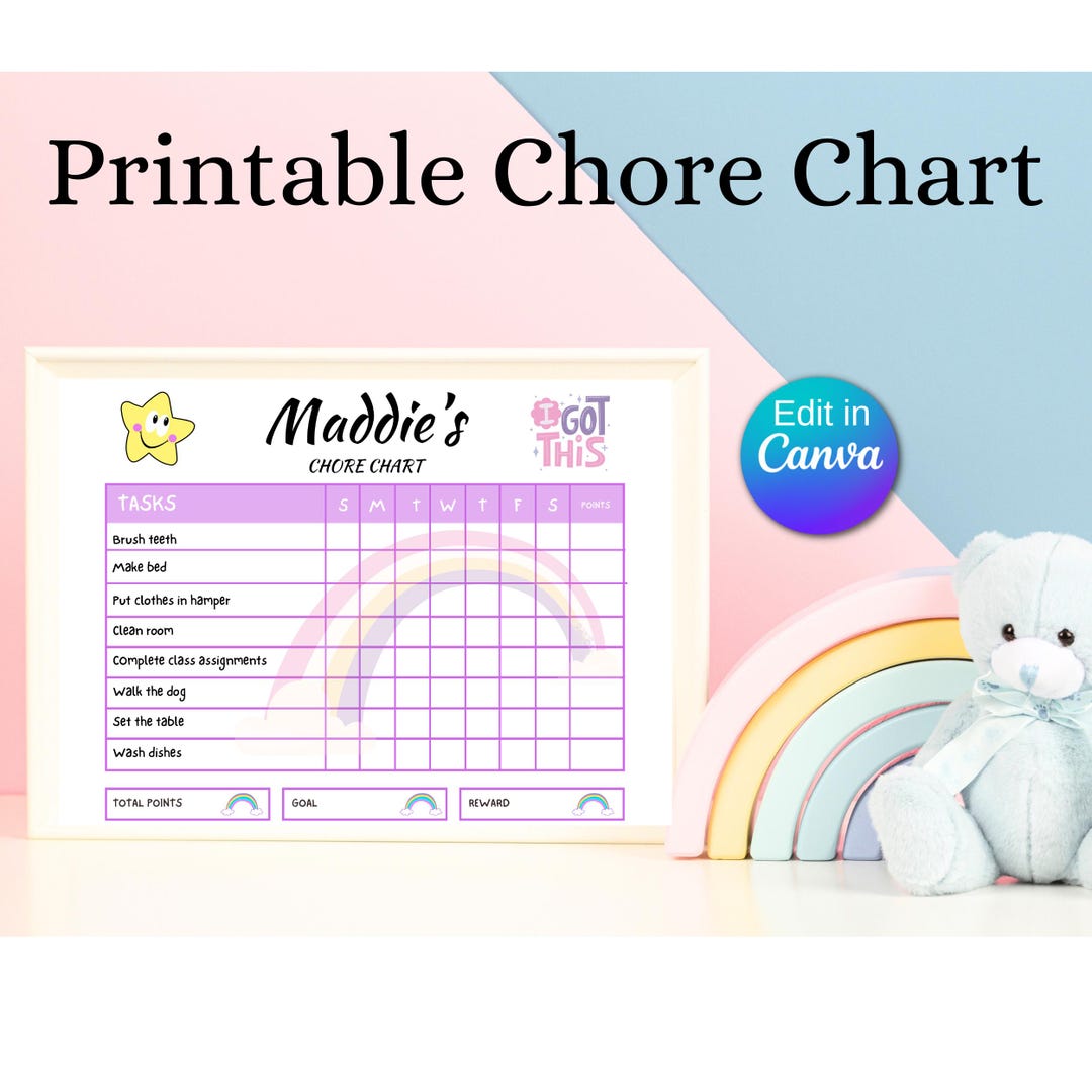Printable Reward Chart for Kids, Weekly Chore Chart, Editable Chart ...