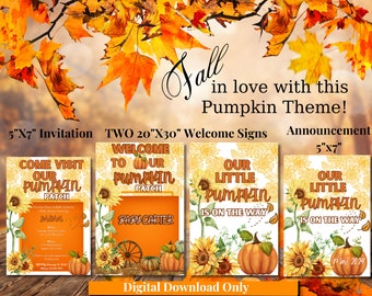 Fall Pumpkin Theme Baby Shower BUNDLE Welcome Sign Announcement Diaper Raffle Invitation  Gender Reveal  Baby Girl Baby Boy