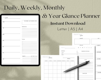 Dagelijkse planner, weekplanner, maandplanner, afdrukbare planner, planner set, planner inzetstukken, direct downloaden, A4/A5/