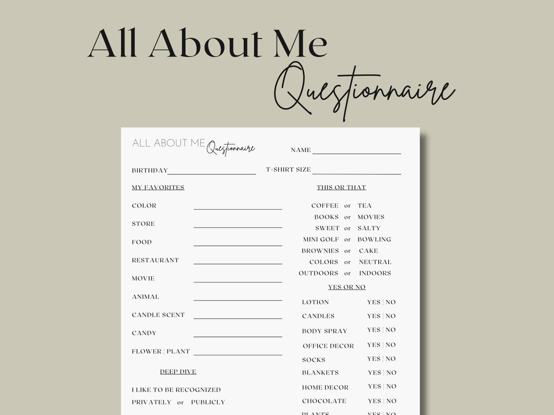 All About Me Get to Know Me Questionnaire Coworker Questions Favorites ...