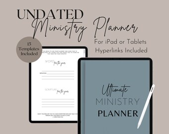 Puede incluir: Un planificador digital para iPad o tabletas con el texto "Ultimate Ministry Planner" sobre un fondo azul. El planificador incluye 15 plantillas e hipervínculos.