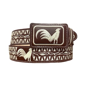 Cinto bordado vaquero con Gallo Cinto Charro piteado Western style embroidered belt with Rooster