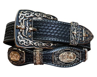 Mens LEATHER CONCHO WESTERN Cowboy Rodeo Black Belt - Etsy display picture 1