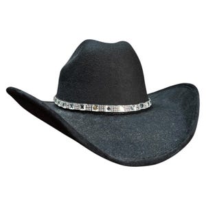 May include: A black felt cowboy hat with a silver rhinestone band.