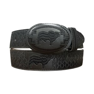 May include: A black belt featuring an oval-shaped buckle with an embossed bull graphic. The belt strap is decorated with a repeating diamond pattern and additional bull motifs embroidered in black thread along the length of the leather strap.
