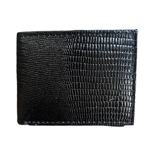 May include: A black leather wallet with a textured, embossed pattern.