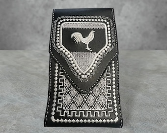 Rooster Cowboy Western Style Embroidered Phone Holster Black with White Stitching Funda Celular Vaquero Bordadas Gallo