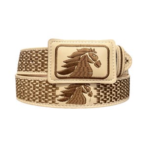 May include: A cream-colored belt featuring a rectangular buckle with an embroidered brown horse head design. The belt strap displays a repeating woven-style pattern in brown thread, complemented by a matching embroidered horse head motif.