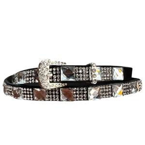 May include: A black leather belt with a silver buckle and clear rhinestone embellishments.