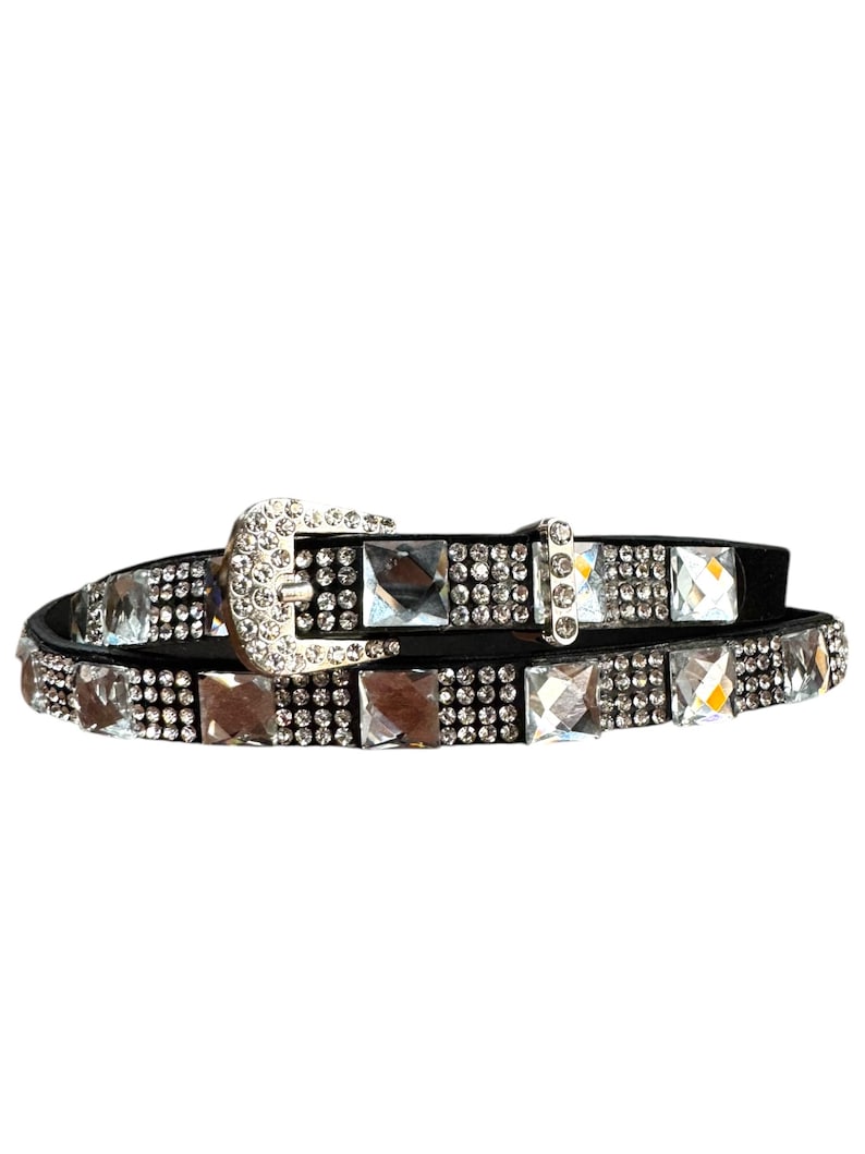 May include: A black leather belt with a silver buckle and clear rhinestone embellishments.