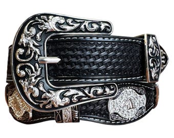 Western Leather Belt Black Silver Tone Conchos Cowboy Rodeo Size 80 Black Leather Western Belt with Lacing & Conchos - SPECIAL  main image 2
