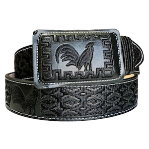 May include: Black leather belt with a detailed rooster design. The belt features a rectangular buckle with an embroidered rooster and geometric patterns. White stitching outlines the buckle and belt edges.