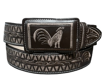 Cinto Charro bordado vaquero Gallo Western style embroidered belt with Rooster Brown