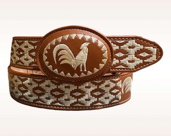 Cinto bordado vaquero Gallo piteado Western style embroidered belt with Rooster
