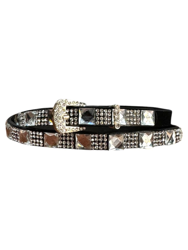 May include: A black leather belt with a silver buckle and clear rhinestone embellishments.