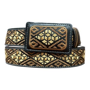 May include: A black belt featuring a rectangular buckle and a strap adorned with a repeating geometric pattern in gold and dark brown embroidery. The design consists of diamond shapes filled with smaller cube motifs, framed by black leather edges.