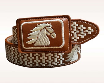 Cinto piteado vaquero caballo Western style embroidered belt with Horse light brown