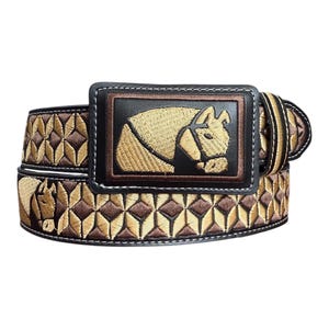 May include: A black belt featuring a rectangular buckle with an embroidered gold horse head profile. The belt strap displays a repeating geometric diamond pattern in gold and brown thread, with an additional horse head motif on the left side.