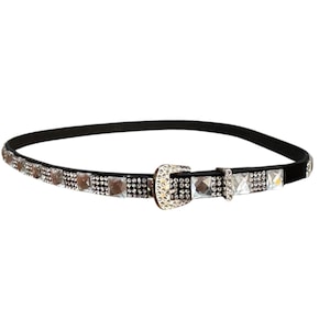 May include: A black leather belt with a silver buckle and clear rhinestone embellishments.