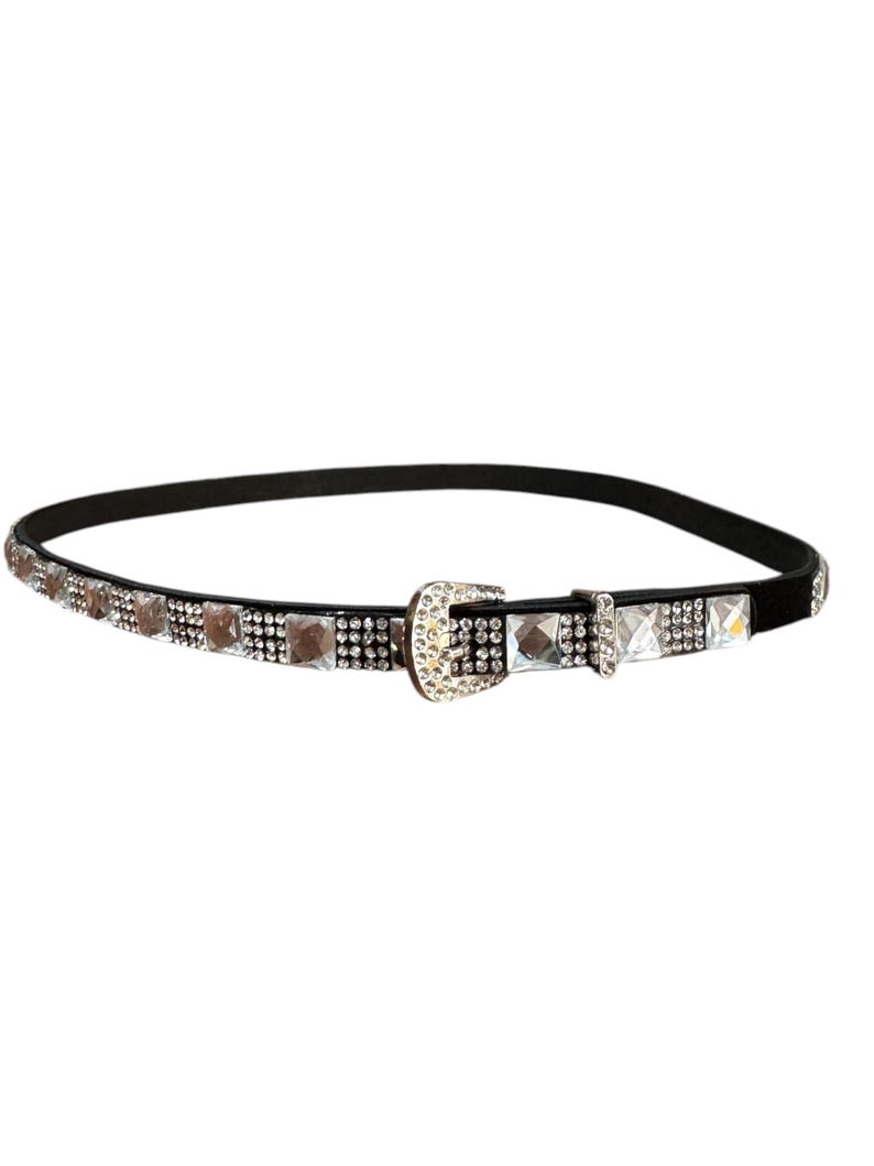 May include: A black leather belt with a silver buckle and clear rhinestone embellishments.