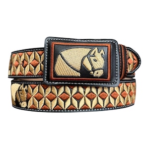 May include: A black belt featuring a rectangular buckle with an embroidered gold horse head design. The strap is decorated with a repeating geometric pattern in gold and copper thread, with an additional horse head motif on the left side.