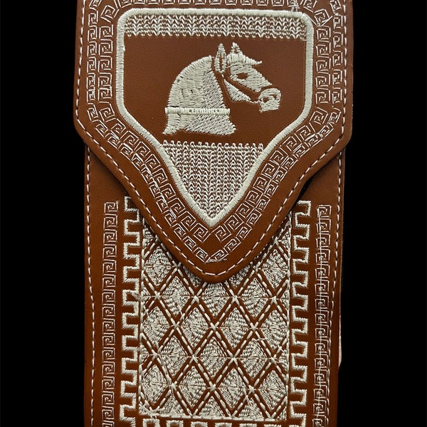 Horse Cowboy Western Style Embroidered Phone Holster Light Brown with White Stitching Funda Celular Vaqueras Bordadas