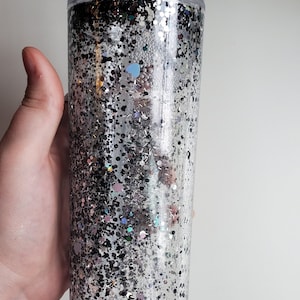 black and white glitter snowglobe tumbler | glitter filled tumbler | glitter snow globe cup | black and white theme tumbler