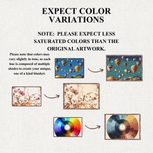 May include: Image showing color variations for blankets. Text reads "EXPECT COLOR VARIATIONS" and "NOTE: PLEASE EXPECT LESS SATURATED COLORS THAN THE ORIGINAL ARTWORK." Examples of blankets with hot air balloon and floral designs are shown.