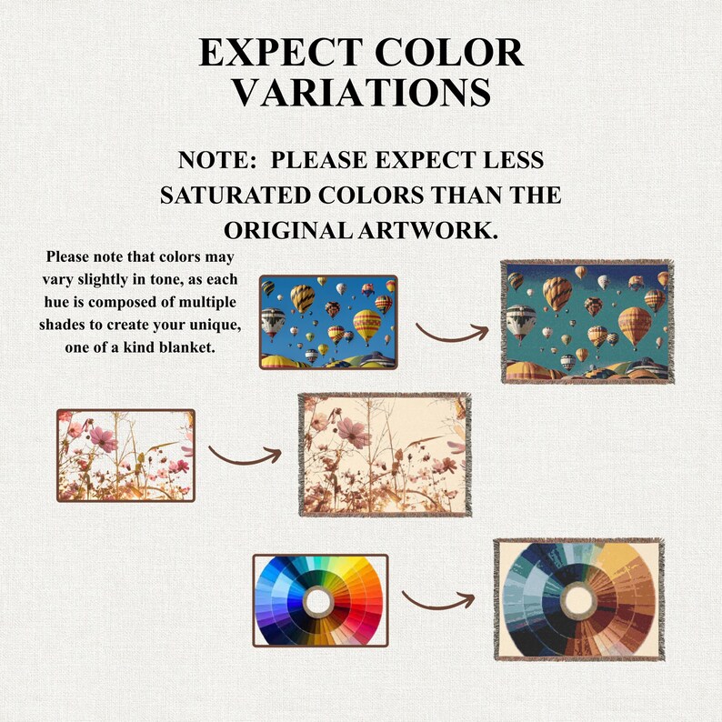 May include: Image showing color variations for blankets. Text reads "EXPECT COLOR VARIATIONS" and "NOTE: PLEASE EXPECT LESS SATURATED COLORS THAN THE ORIGINAL ARTWORK." Examples of blankets with hot air balloon and floral designs are shown.