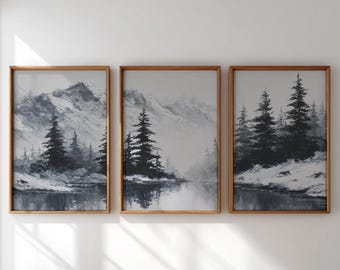 Moody 3 Piece Wall Art Printable Set of 3, Scenic Mountain Triptych, Rustic Winter Landscape Prints, Downloadable Artwork Decor 73