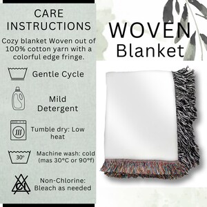 May include: White woven blanket with a colorful fringe edge. The blanket is made of 100% cotton yarn. Care instructions include gentle cycle, mild detergent, tumble dry low heat, and machine wash cold.
