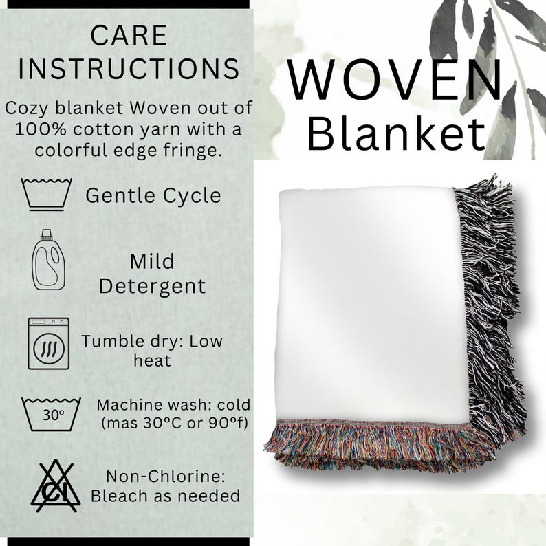 May include: White woven blanket with a colorful fringe edge. The blanket is made of 100% cotton yarn. Care instructions include gentle cycle, mild detergent, tumble dry low heat, and machine wash cold.