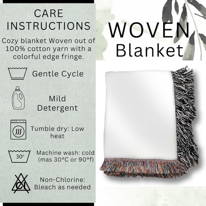 May include: A white woven blanket with a colorful fringe edge. The blanket is made of 100% cotton yarn. The image also includes care instructions, such as gentle cycle washing and low heat tumble drying.