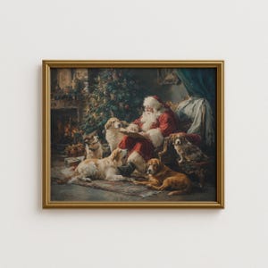 May include: A framed painting depicts Santa Claus in a red suit reading a book, surrounded by several dogs. The artwork has a warm color palette, with a Christmas tree and fireplace in the background. The frame is gold.