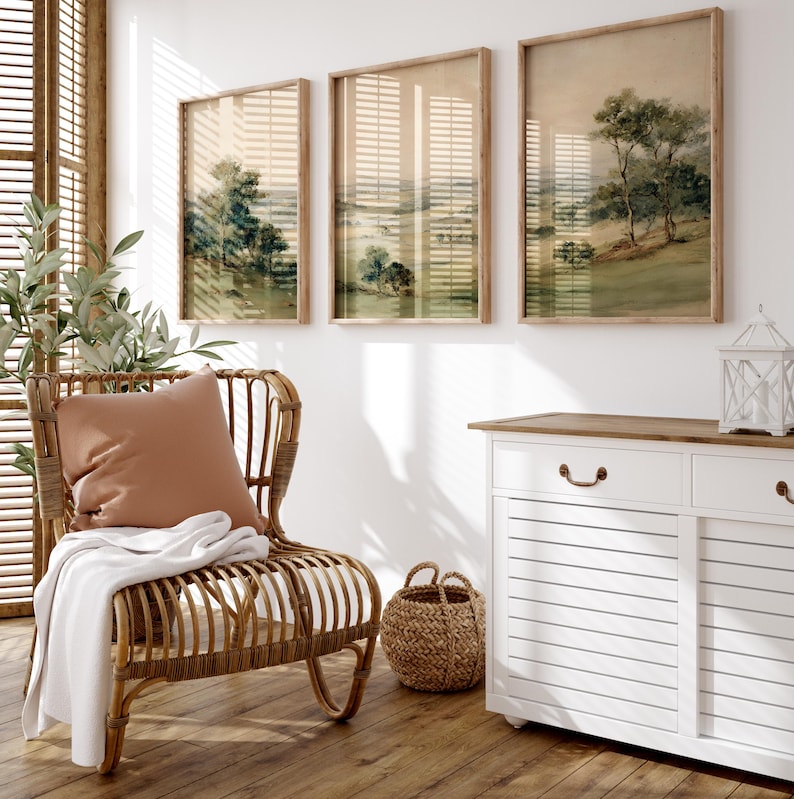 Earth-toned watercolor prints set for gallery walls — serene, vintage-inspired landscapes perfect for creating a calming display.