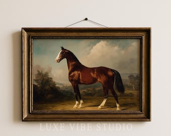 Vintage Equestrian Portrait of Bay Horse - Rustic Farmhouse Wall Art, Printable Classic Horse Painting, Country Landscape Decor Download 106
