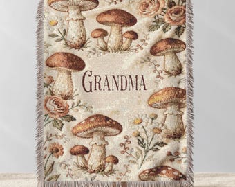Personalized Mushroom Blanket, Boho Woven Blanket, Custom Cottagecore Botanical Tapestry Throw, Neutral Home Decor, throw blanket couch