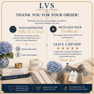 May include: A thank you card for an order from Luxe Vibe Studio featuring text, social media icons, and a five-star review prompt. The design includes a blue and gold color scheme with a heart icon, star icon, and a thank you message for customers.