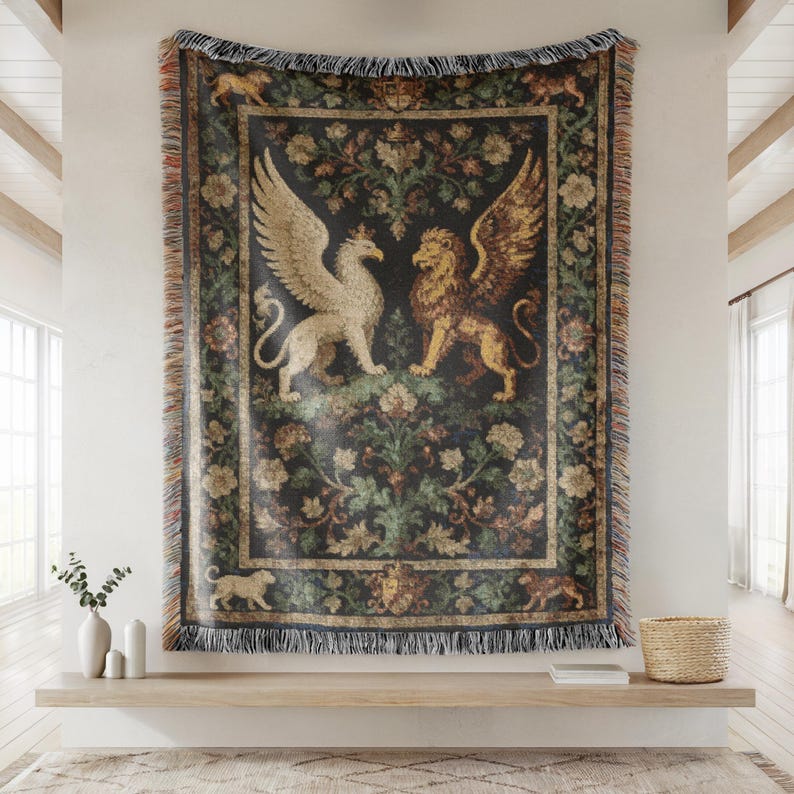 May include: A tapestry featuring a griffin and a lion facing each other, set against a dark background with floral and foliage patterns. The tapestry has a fringed border and is displayed on a wall. The color palette includes shades of black, gold, and green.