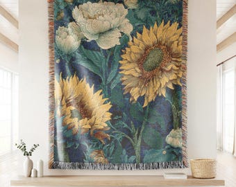 Vintage Botanical Woven Blanket Sunflower Peony Tapestry Wall