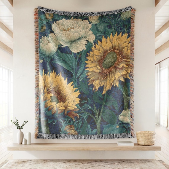 Vintage Botanical Woven Blanket Sunflower Peony Tapestry Wall